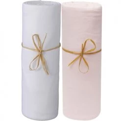 P'tit Basile Linge De Lit Bébé Lot De 2 Draps Housses Jersey Bio Blanc Et Rose Poudré 60x120