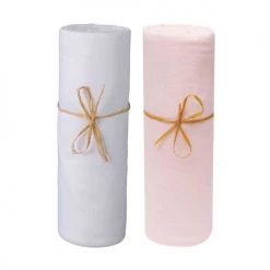 P'tit Basile Linge De Lit Bébé Lot De 2 Draps Housses Jersey Bio Blanc Et Rose Poudré 70x140