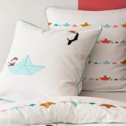 Blanc Cerise Linge De Lit Enfant Parure De Lit Imprimée En Percale De Coton 140x200 Cm Blanc Et Bleu -Linge de lit bébé Soldes parure de lit imprimee en percale de coton 140x200 cm blanc et bleu 2