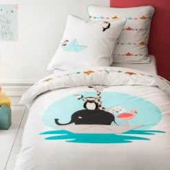 Blanc Cerise Linge De Lit Enfant Parure De Lit Imprimée En Percale De Coton 140x200 Cm Blanc Et Bleu
