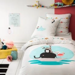 Blanc Cerise Linge De Lit Enfant Parure De Lit Imprimée En Percale De Coton 140x200 Cm Blanc Et Bleu -Linge de lit bébé Soldes parure de lit imprimee en percale de coton 140x200 cm blanc et bleu 3